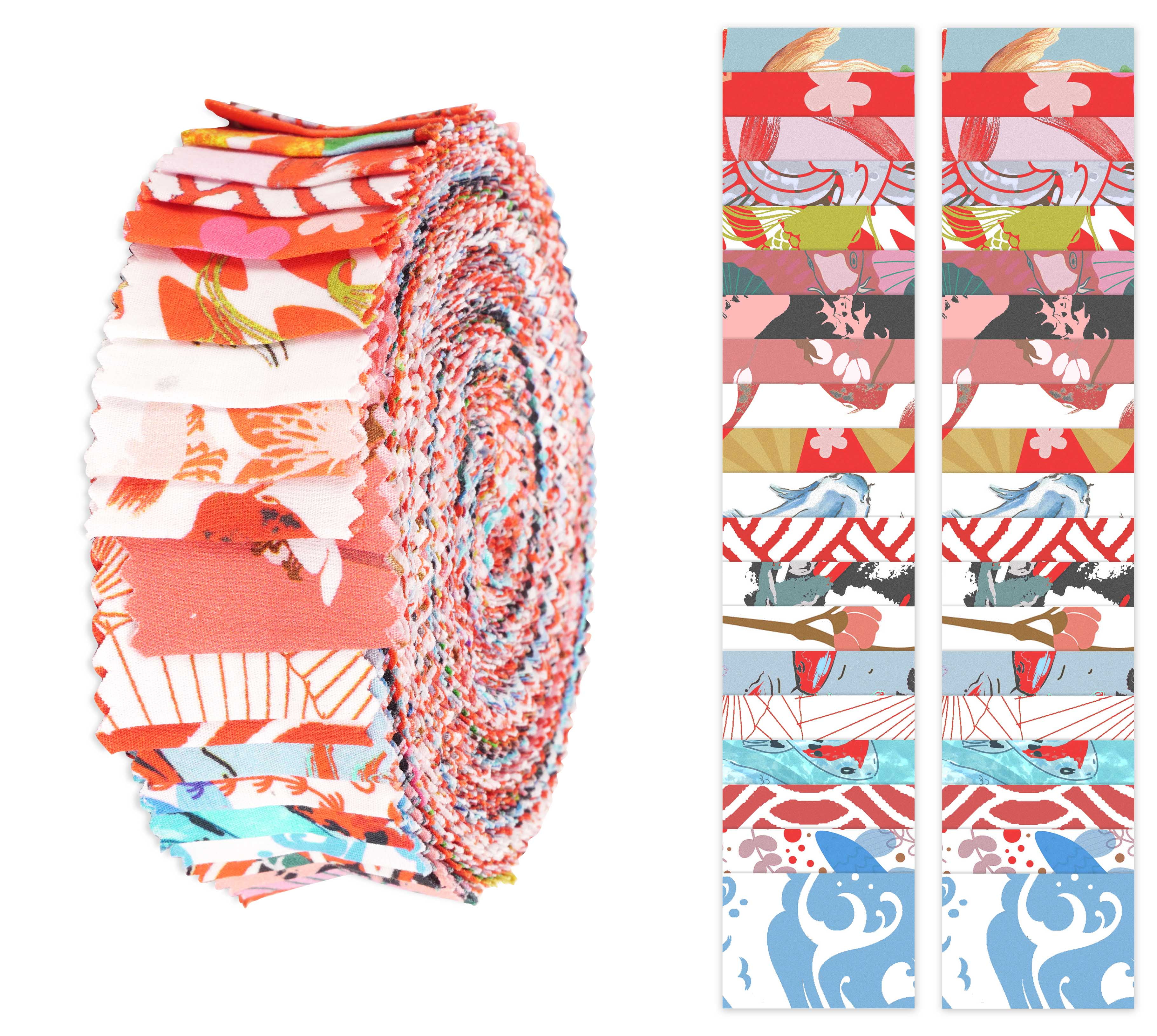 Soimoi 40Pcs Japanese Print Cotton Precut Fabrics For Quilting Craft Strips 2.5 inches Jelly Roll - Red & Blue