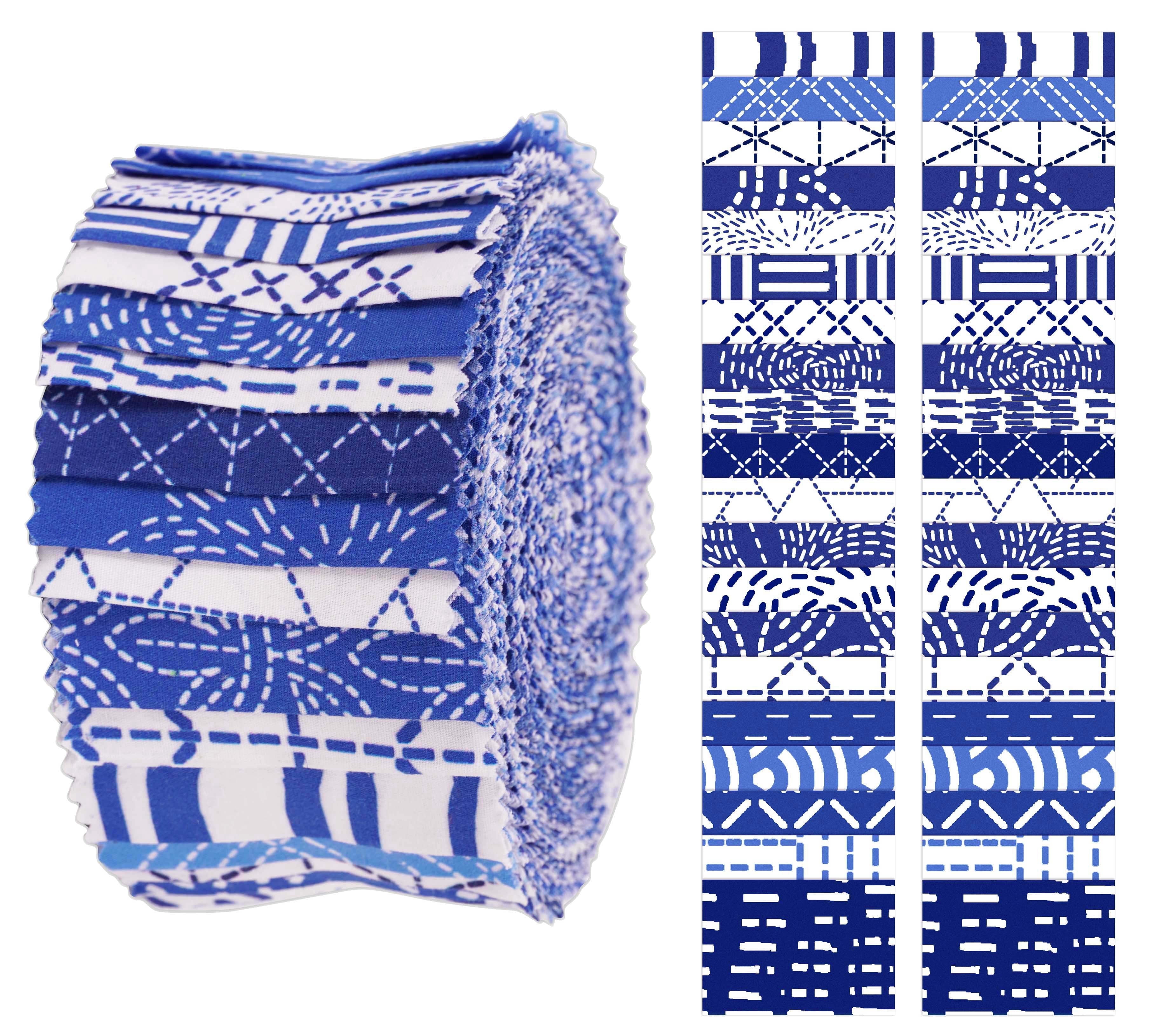 Soimoi 40Pcs Japanese Sashiko Print Cotton Precut Fabrics For Quilting Craft Strips 2.5x42inches Jelly Roll - Medium Blue