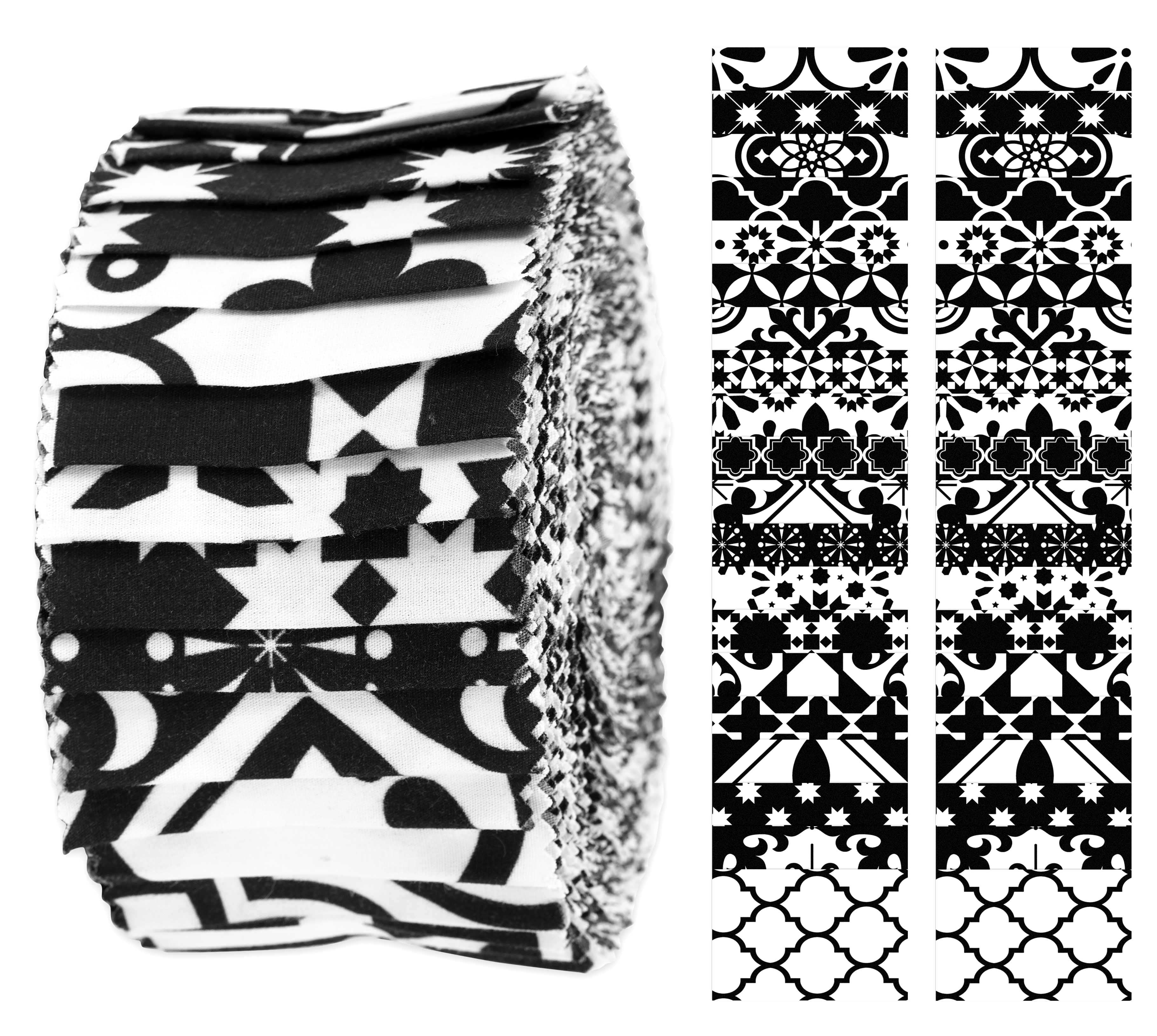 Soimoi 40Pcs Mosaic Print Cotton Precut Fabrics For Quilting Craft Strips 2.5x42inches Jelly Roll - White & Black