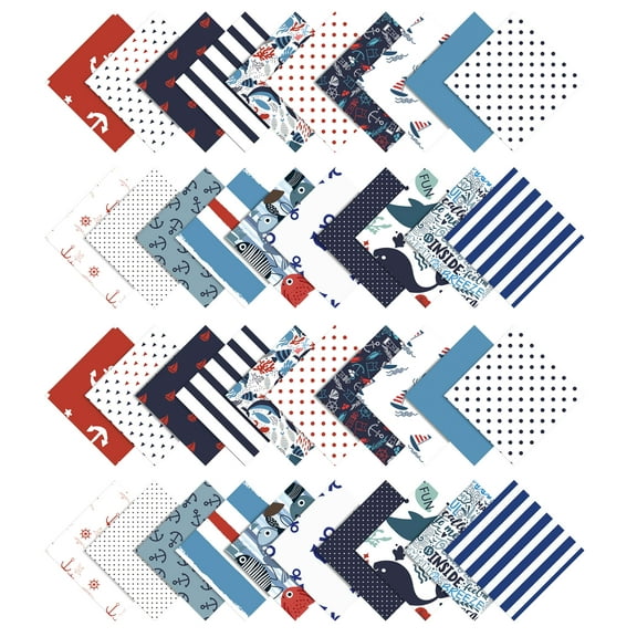 Soimoi 40Pcs Nautical Print Cotton Precut Fabrics For Quilting Craft Strips 2.5x42inches Jelly Roll - Blue, Red & White