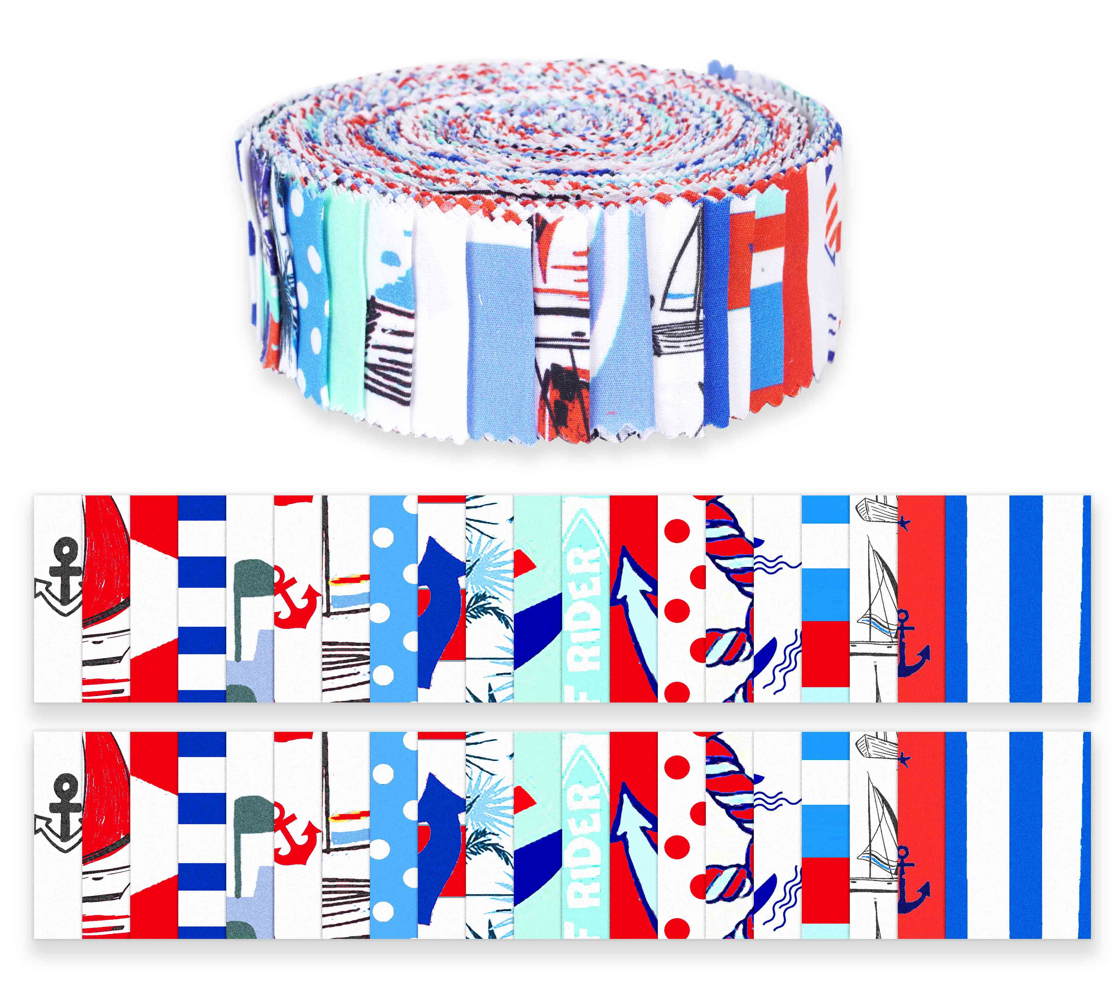Soimoi 40Pcs Nautical Print Precut Fabrics Strips Roll Up 1.5 inches Cotton Jelly Rolls For Quilting - White & Blue