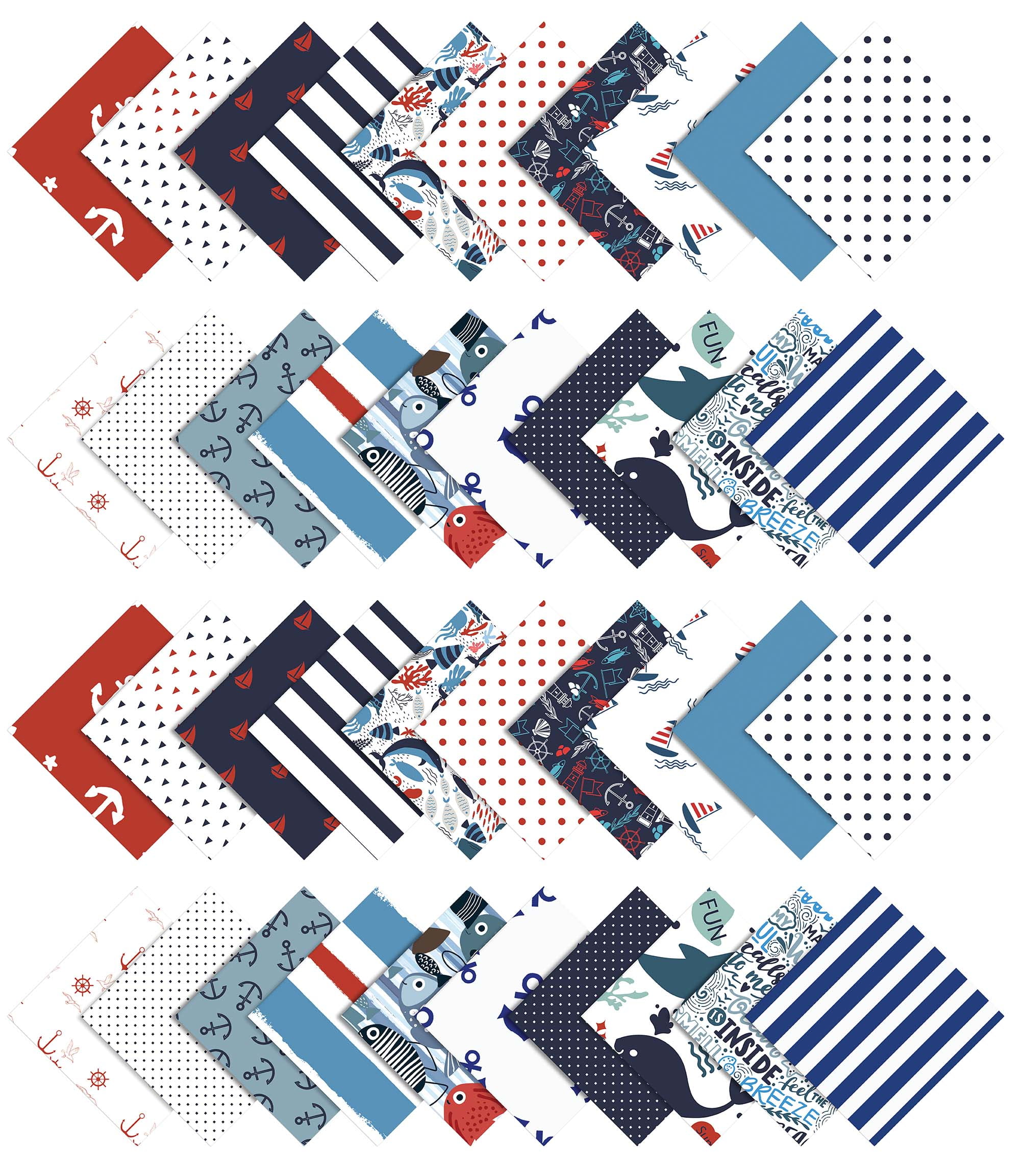 Soimoi 40Pcs Nautical Print Precut Fabrics Strips Roll Up 1.5x42inches Cotton Jelly Rolls For Quilting - Blue, Red & White