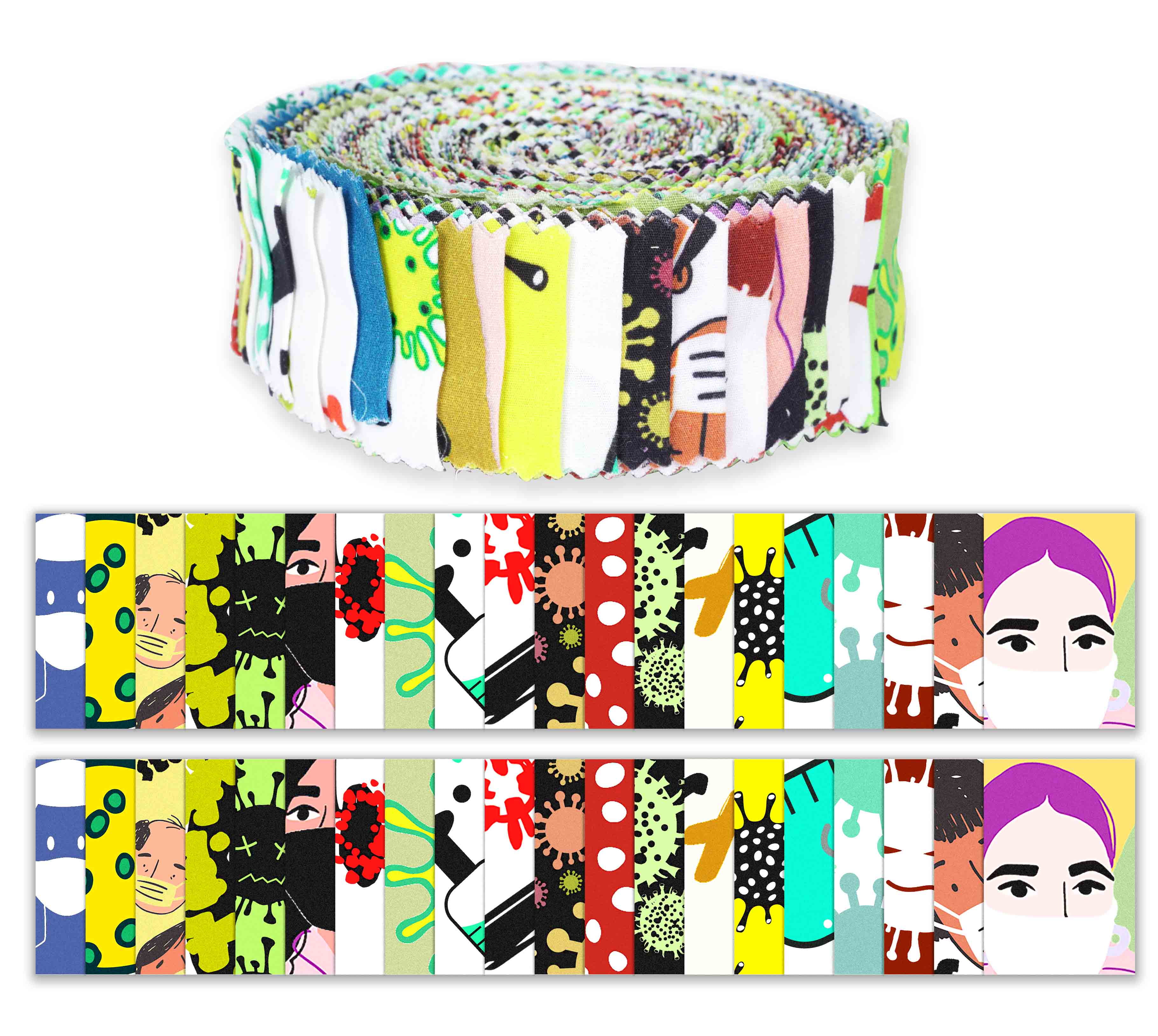 Soimoi 40Pcs Stay Home Pandemic Print Precut Fabrics Strips Roll Up 1.5 inches Cotton Jelly Rolls For Quilting - Multicolor