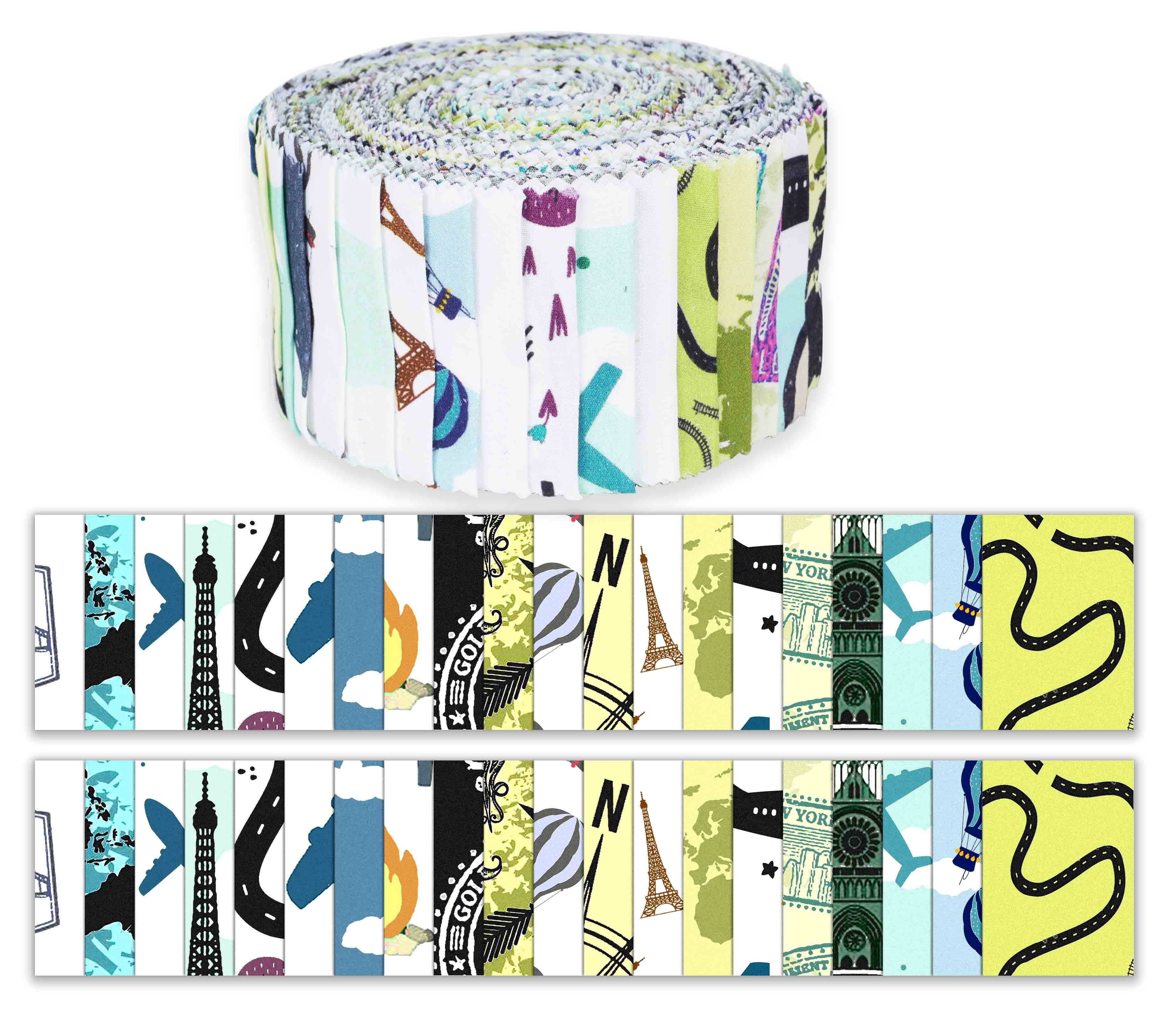 Soimoi 40Pcs Travel Print Cotton Precut Fabrics For Quilting Craft Strips 2.5 inches Jelly Roll - Medium Blue