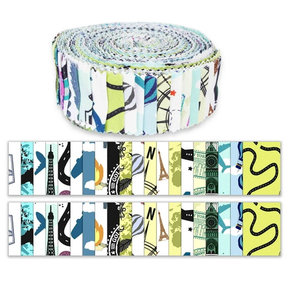 Soimoi 40Pcs Travel Print Precut Fabrics Strips Roll Up 1.5 inches Cotton Jelly Rolls For Quilting - Medium Blue