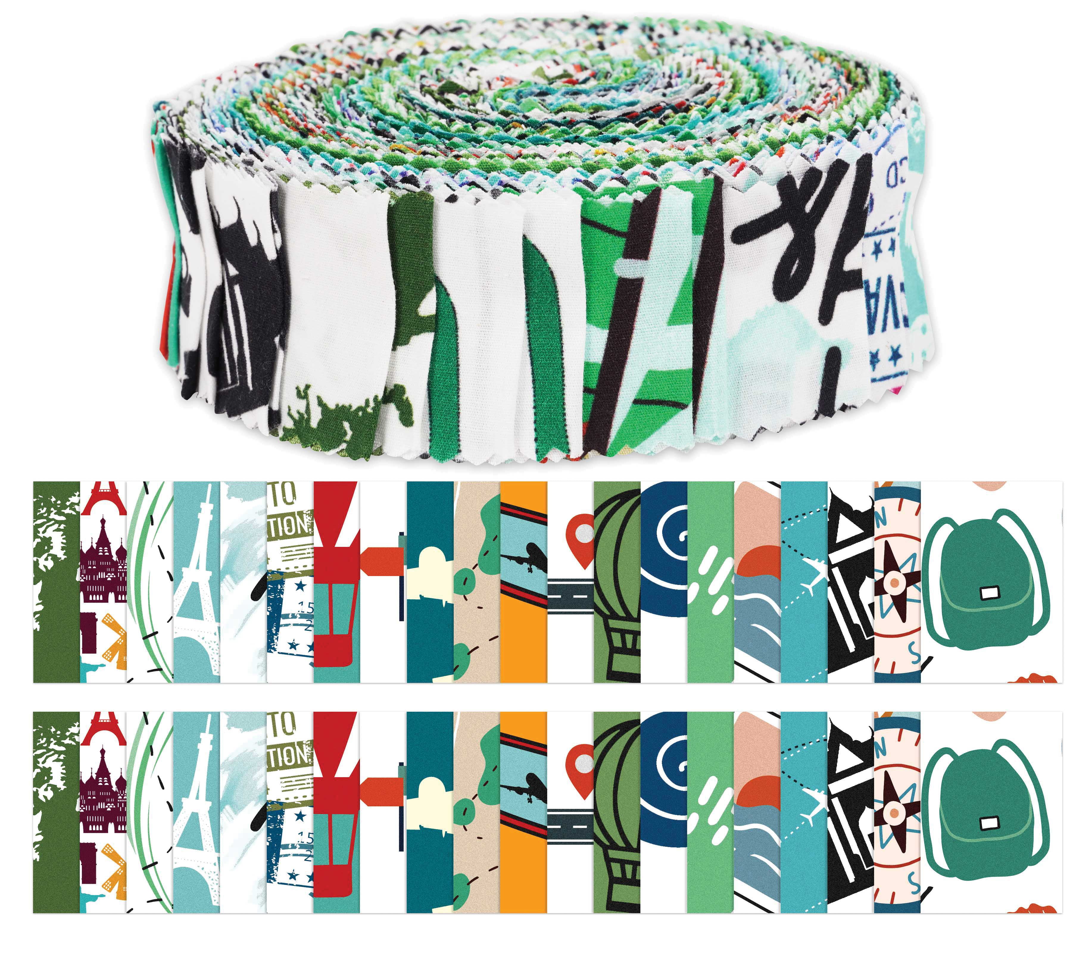 Soimoi 40Pcs Travel Print Precut Fabrics Strips Roll Up 1.5x42inches Cotton Jelly Rolls For Quilting - Multicolor