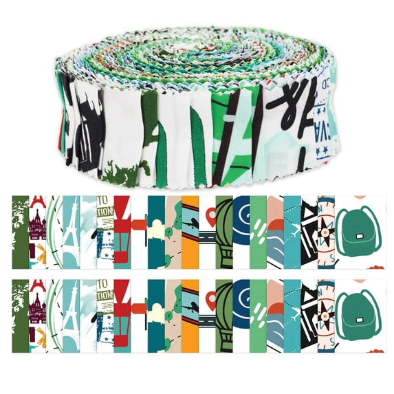 Soimoi 40Pcs Travel Print Precut Fabrics Strips Roll Up 1.5x42inches Cotton Jelly Rolls For Quilting - Multicolor