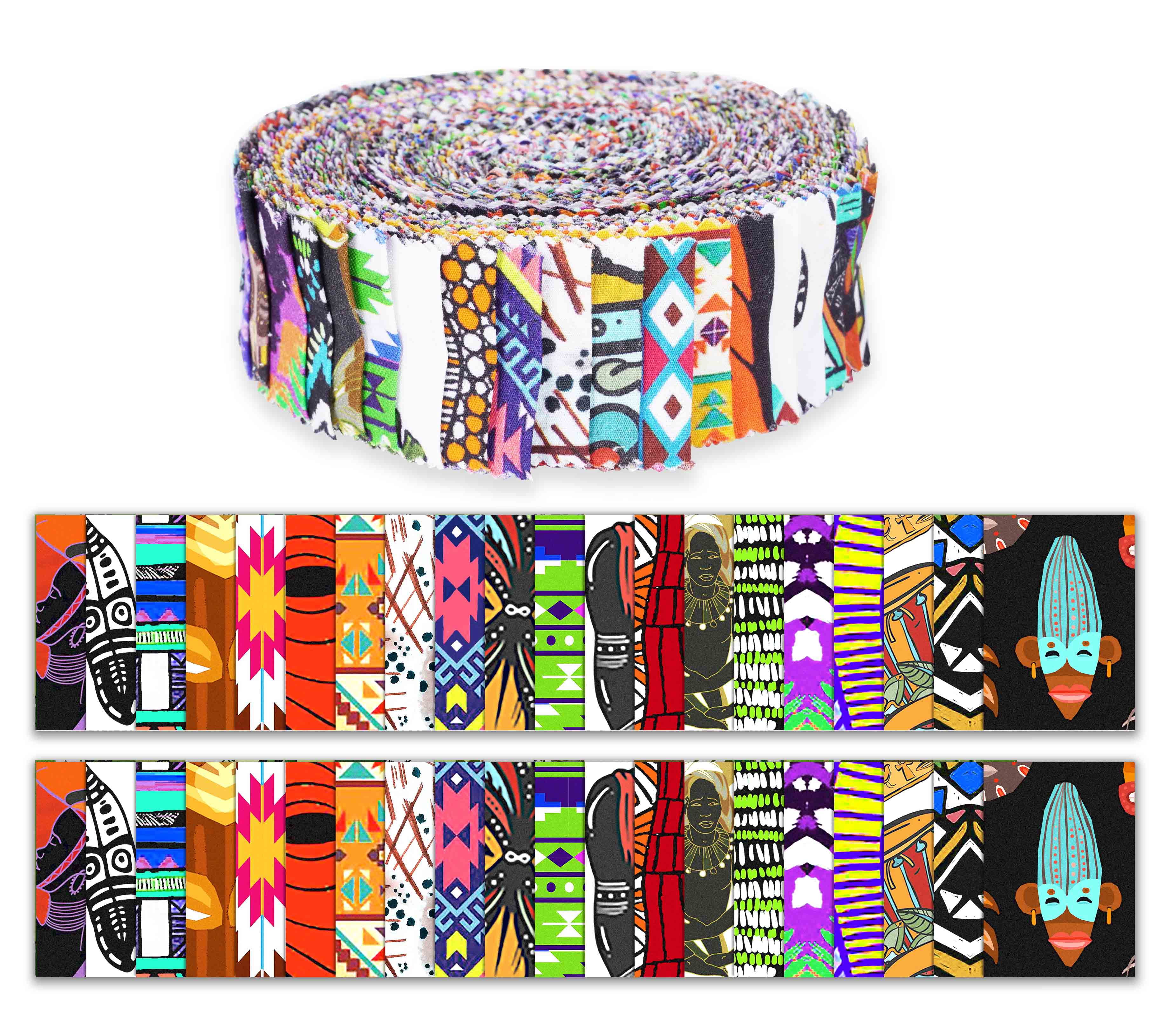 Soimoi 40Pcs Tribal Print Precut Fabrics Strips Roll Up 1.5 inches Cotton Jelly Rolls For Quilting - Multicolor
