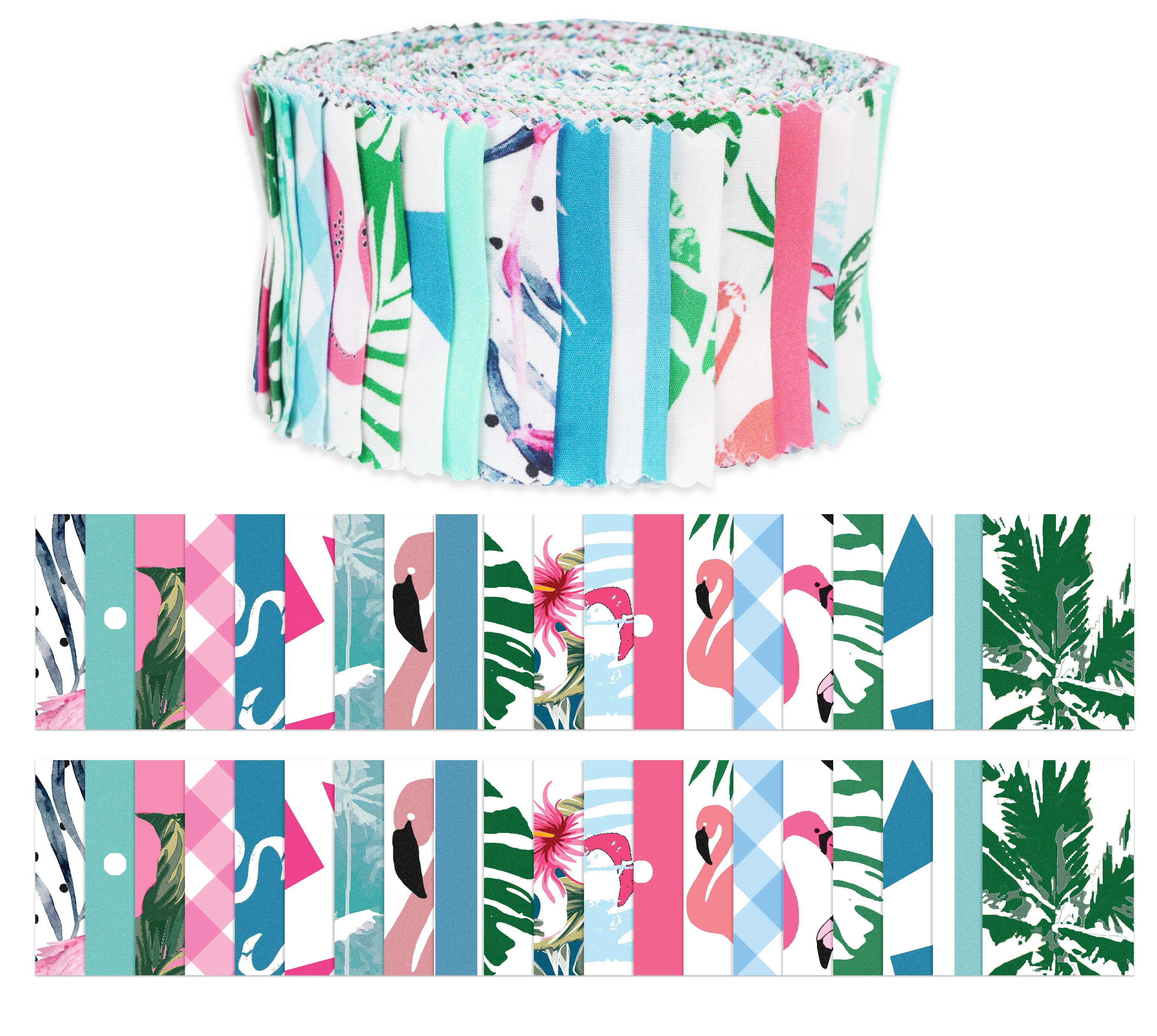 Soimoi 40Pcs Tropical Theme Flamingo Print Cotton Precut Fabrics For Quilting Craft Strips 2.5x42inches Jelly Roll - Pink, Blue & Green