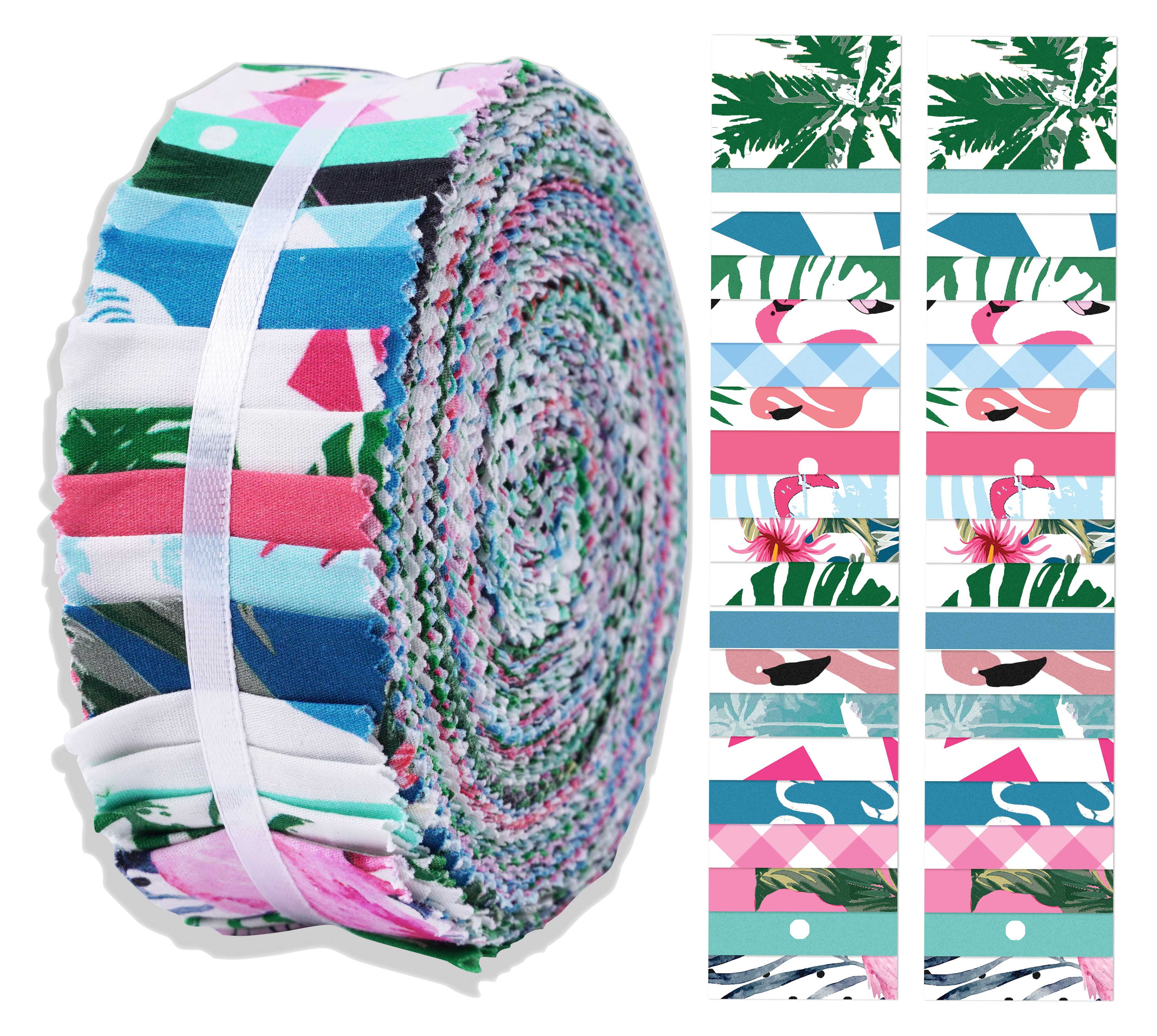 Soimoi 40Pcs Tropical Theme Flamingo Print Precut Fabrics Strips Roll Up 1.5x42inches Cotton Jelly Rolls For Quilting - Pink, Blue & Green