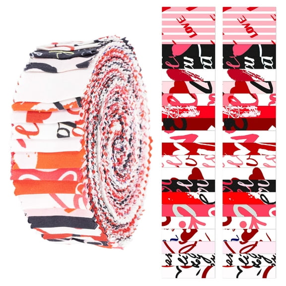 Soimoi 40Pcs Valentine Heart Print Precut Fabrics Strips Roll Up 1.5x42 inches Cotton Jelly Rolls For Quilting - Red & Black