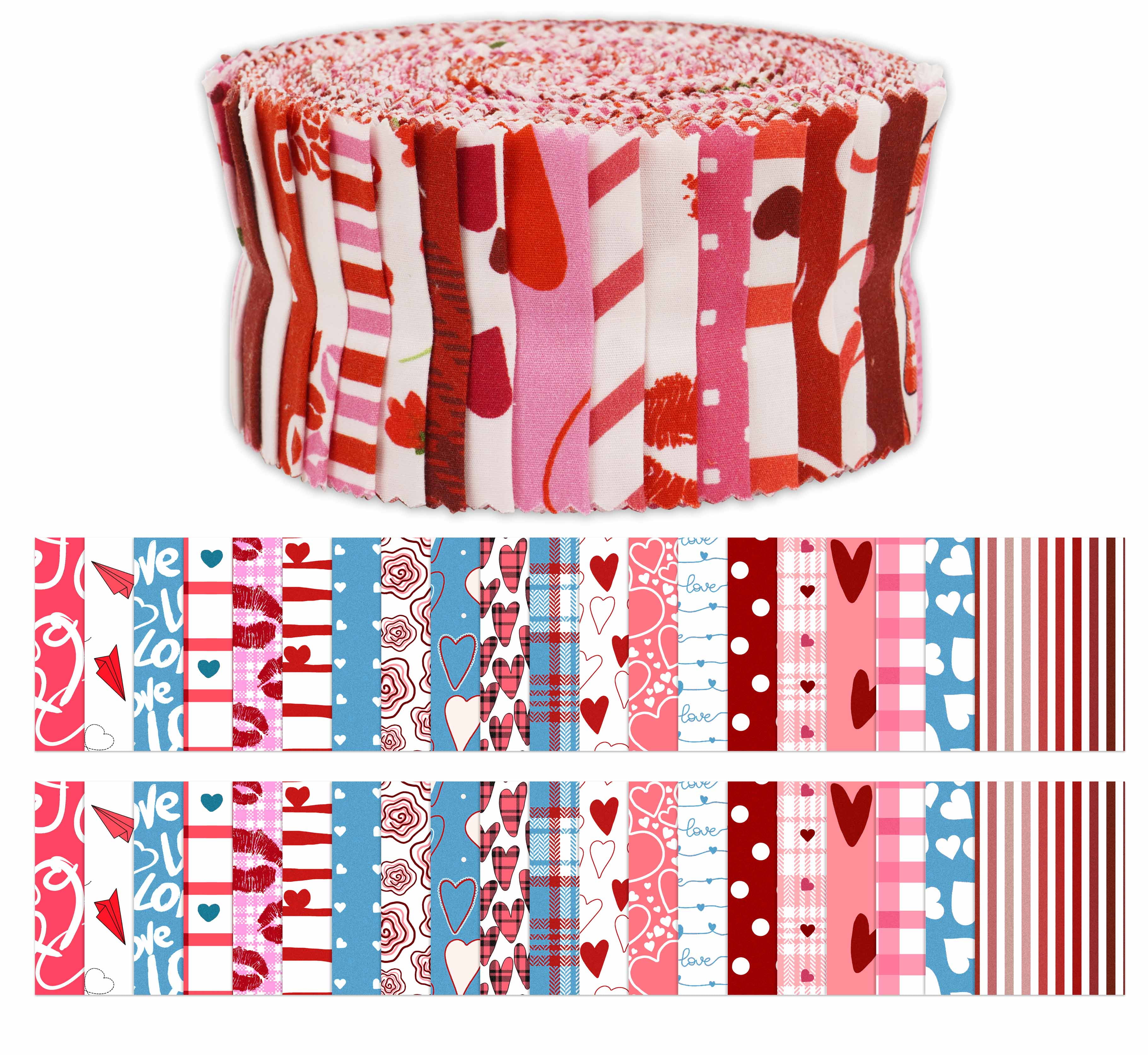 Soimoi 40Pcs Valentine Print Cotton Precut Fabrics For Quilting Craft Strips 2.5x42 inches Jelly Roll - Pink-White-Blue & Red
