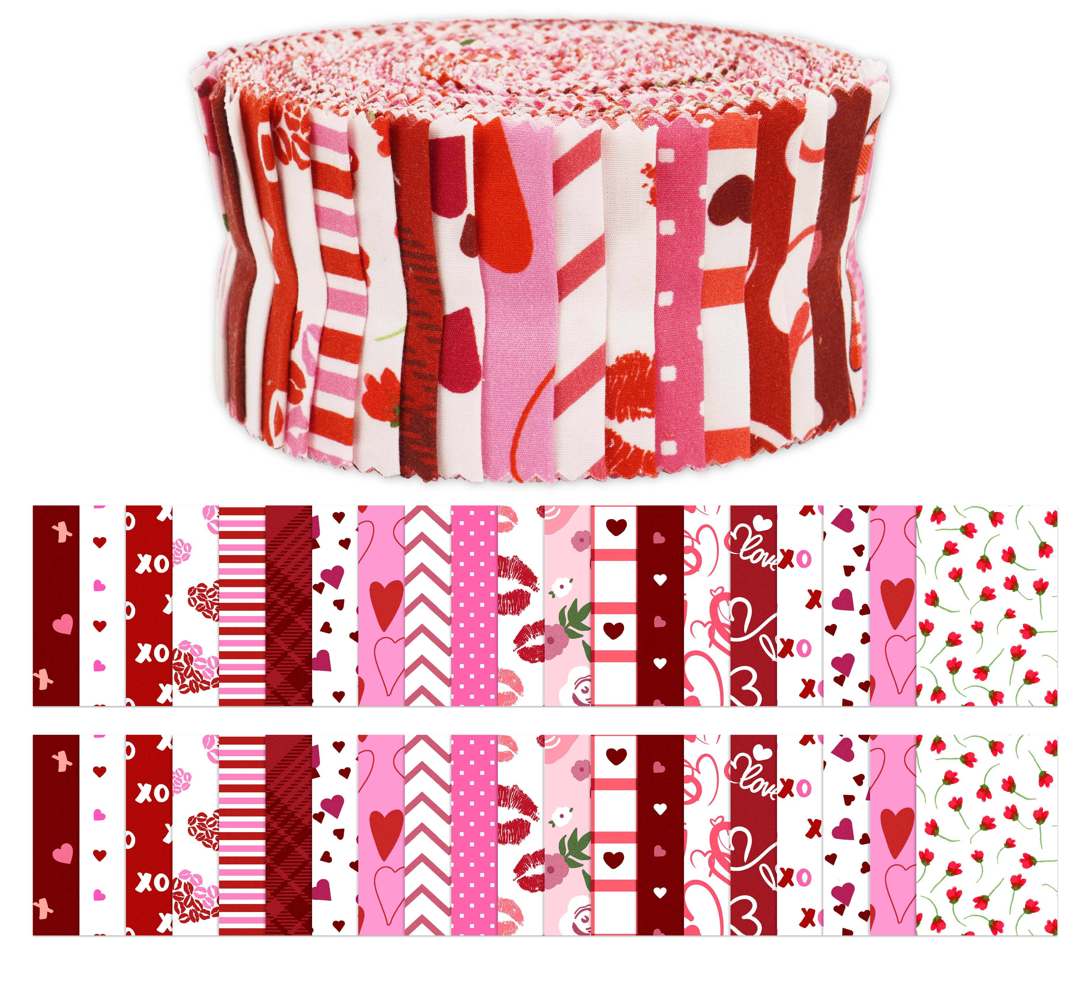 Soimoi 40Pcs Valentine Print Cotton Precut Fabrics For Quilting Craft Strips 2.5x42 inches Jelly Roll - Pink-White & Red