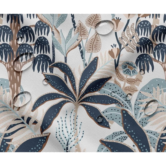 Soimoi 56 Inch Wide Waterproof Taffeta Fabric By 2 Yard | Blue Leaves Pattern | Outdoor Use for Furniture Covers, Umbrellas, Patio Decor & More