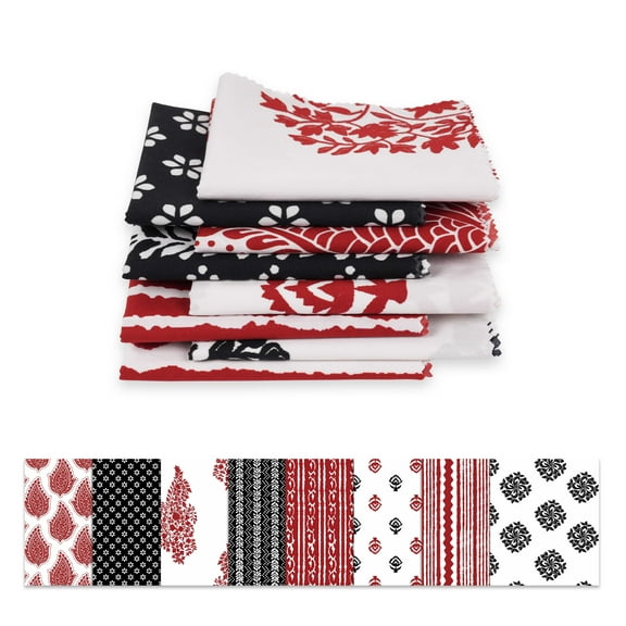 Soimoi 8 Pc Fat Quarter Bundle,Asian BlockPrint 18"x 22"DIY Patchwork-100% CottonPre-Cut Quilting Fabric Red & Black