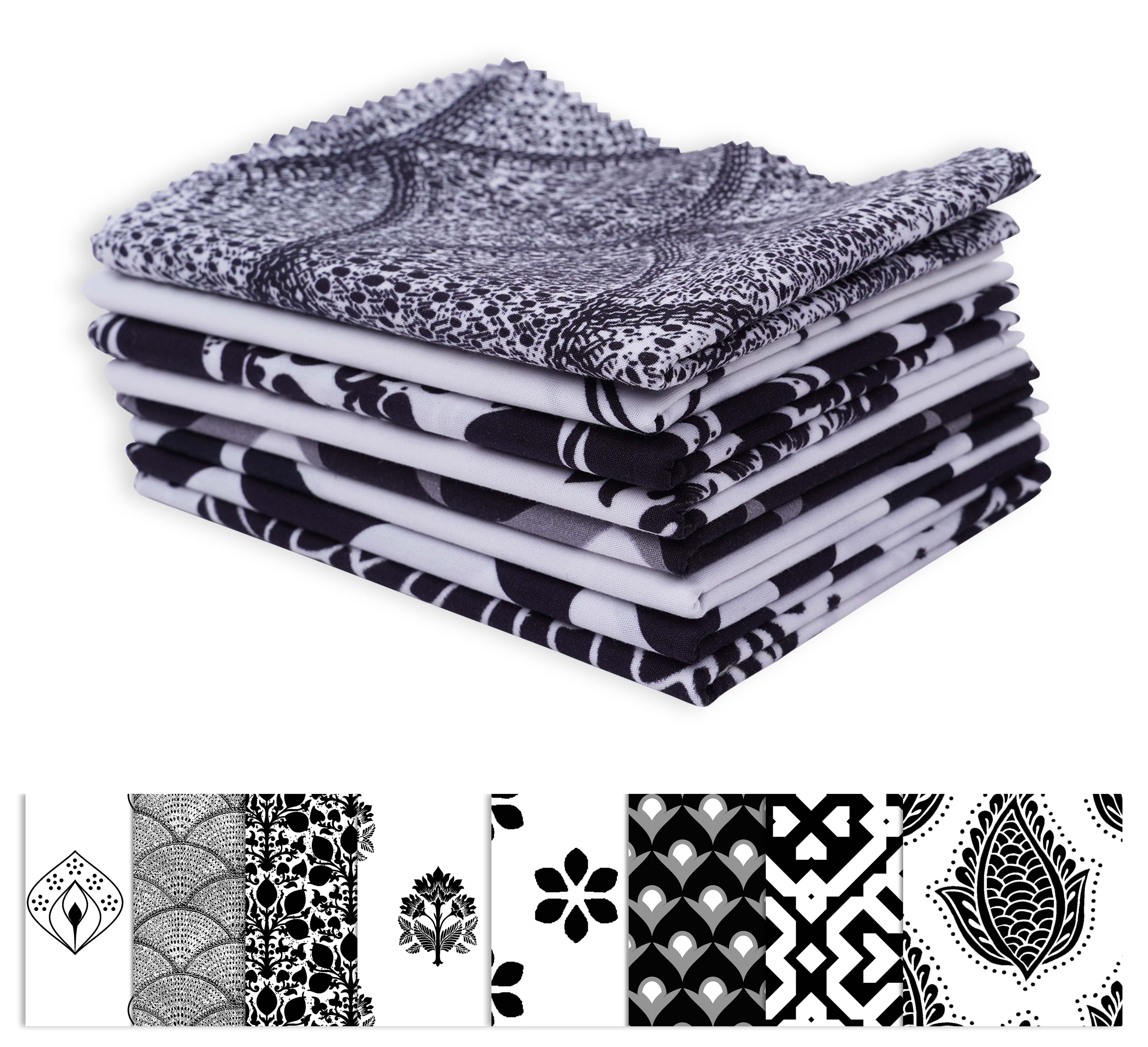 Soimoi 8 Pc Fat Quarter Bundle -Asian BlockPrint 18"x 22"DIY Patchwork-100% CottonPre-Cut Quilting Fabric (White & Black)