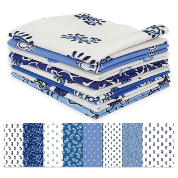 Soimoi 8 Pc Fat Quarter Bundle,Asian BlockPrint 18"x 22"DIY Patchwork-100% CottonPre-Cut Quilting Fabric White & Blue