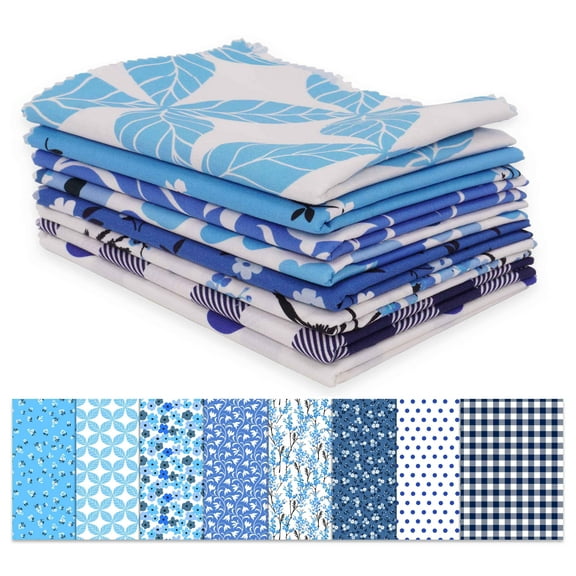 Soimoi 8 Pc Fat Quarter Bundle,Basic Collection Of Floral & GeometricsPrint 18"x 22"DIY Patchwork-100% CottonPre-Cut Quilting Fabric White & Blue