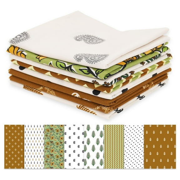Soimoi 8 Pc Fat Quarter Bundle,BlockPrint 18"x 22"DIY Patchwork-100% CottonPre-Cut Quilting Fabric White, Green & Brown