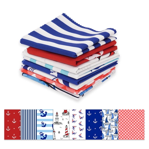 Soimoi 8 Pc Fat Quarter Bundle,Coastal NauticalPrint 18"x 22"DIY Patchwork-100% CottonPre-Cut Quilting Fabric Red & Blue
