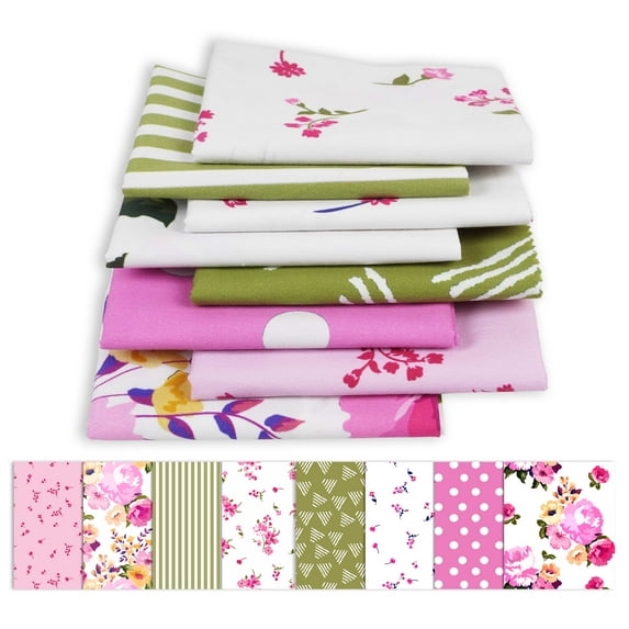 Soimoi 8 Pc Fat Quarter Bundle -Floral & GeometricPrint 18"x 22"DIY Patchwork-100% CottonPre-Cut Quilting Fabric (Pink & Green)