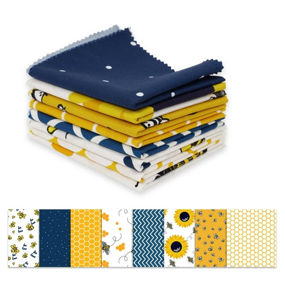 Soimoi 8 Pc Fat Quarter Bundle,Honey Bee & SunflowerPrint 18"x 22"DIY Patchwork-100% CottonPre-Cut Quilting Fabric Blue,Yellow & White