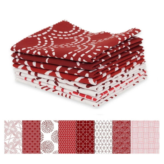 Soimoi 8 Pc Fat Quarter Bundle,Japanese SashikoPrint 18"x 22"DIY Patchwork-100% CottonPre-Cut Quilting Fabric Maroon & White