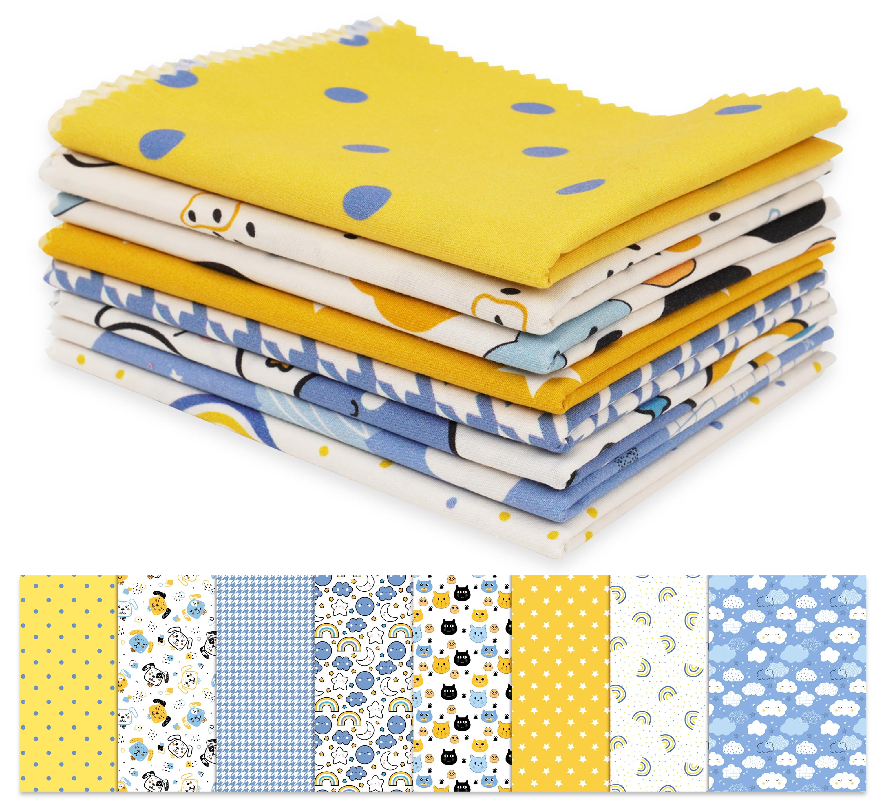 Soimoi 8 Pc Fat Quarter Bundle-Kids Collection - Nursery DecorPrint 18"x 22"DIY Patchwork-100% CottonPre-Cut Quilting Fabric Blue-Yellow & White