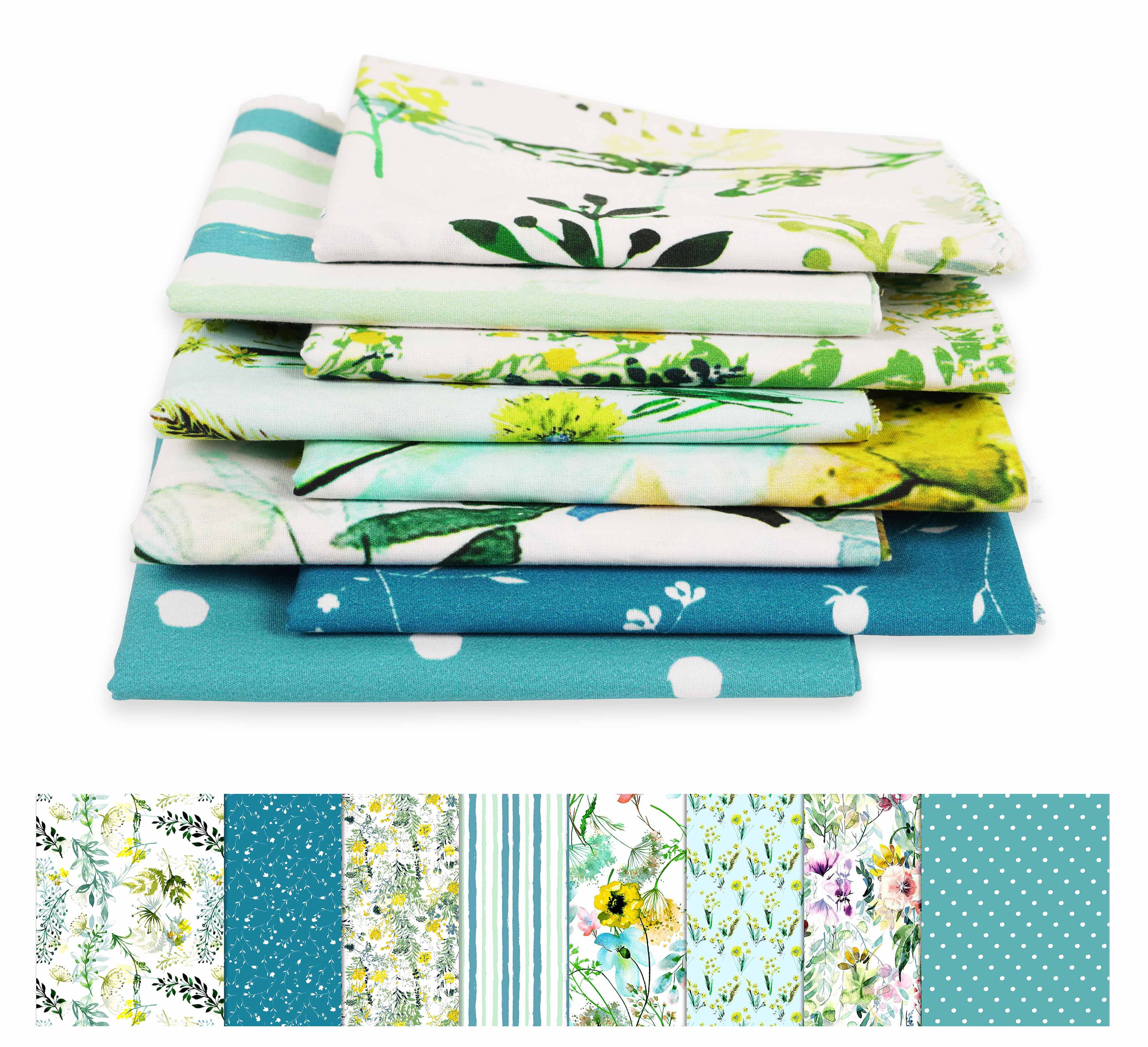 Soimoi 8 Pc Fat Quarter Bundle,Watercolor FloralPrint 18"x 22"DIY Patchwork-100% CottonPre-Cut Quilting Fabric Turquoise & Teal Blue