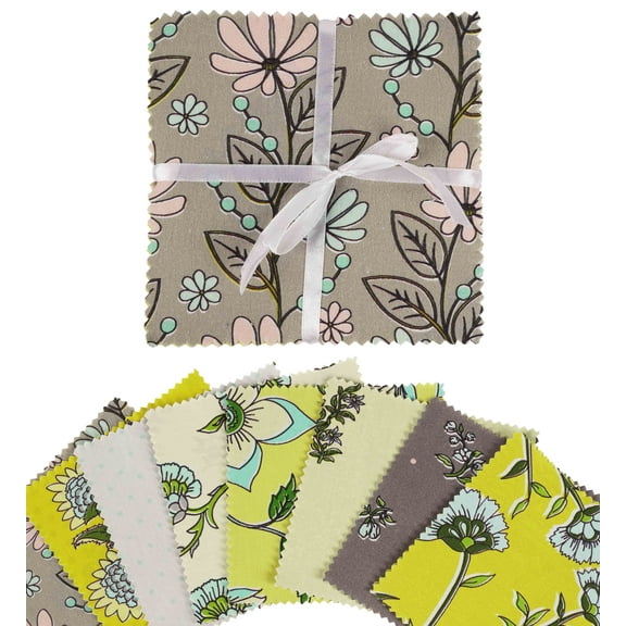 Soimoi Asian Floral PrintPrecut 5-inch CottonFabricQuiltingSquaresCharm Pack DIY Patchwork Sewing Craft- Gray & Yellow