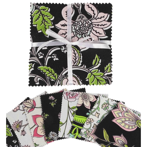 Soimoi Asian Floral PrintPrecut 5-inch CottonFabricQuiltingSquaresCharm Pack DIY Patchwork Sewing Craft- White & Black