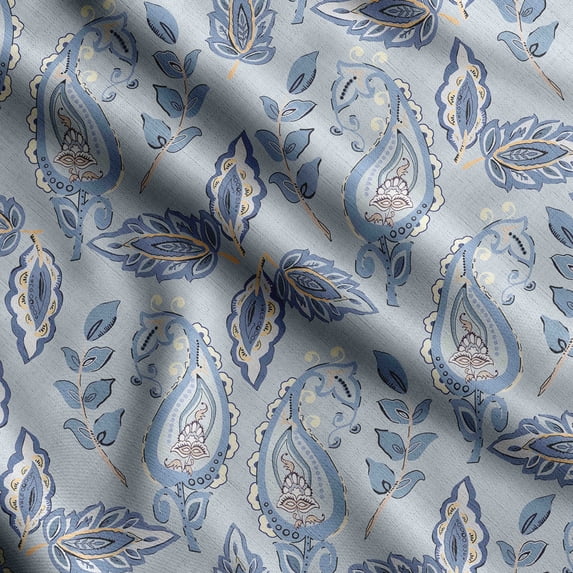 Soimoi Asian Paisley Printed, Cotton Fleece, Fabric by The Yard Sewing DIY Stretch Fabric 56 Inches Wide, WarmFabric for Hats, Coats, Gloves, Blankets, Grayish Blue