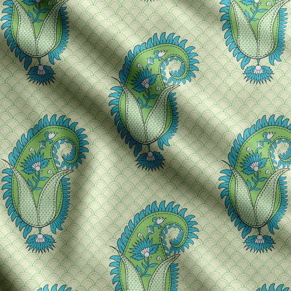 Soimoi Asian Paisley Printed, Cotton Satin Spandex, Sewing Fabric by The Yard 54 Inch Wide, Decorative Fabric for Dresses and Home Accents, Light Green