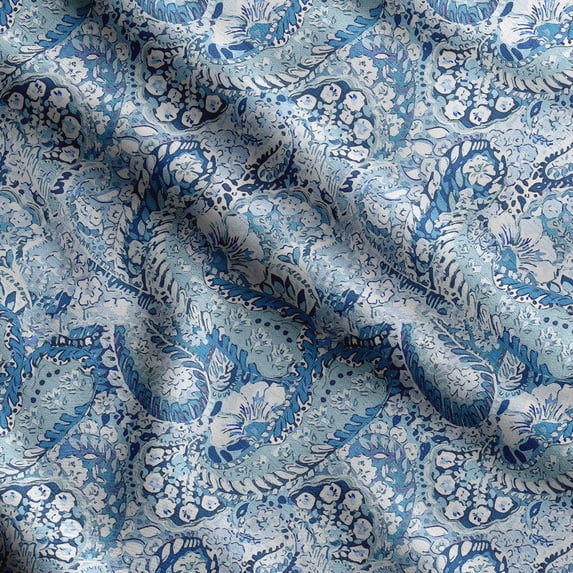 Soimoi Asian Paisley Printed, Cotton Satin Spandex, Sewing Fabric by The Yard 54 Inch Wide, Decorative Fabric for Dresses and Home Accents, Blue