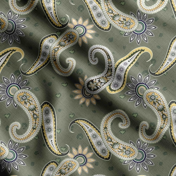 Soimoi Asian Paisley Printed, Japan Crepe SatinFabric, by The Yard 54 Inch Wide, Decorative Sewing Fabric for Dresses Kimonos Gowns, Dusty Green