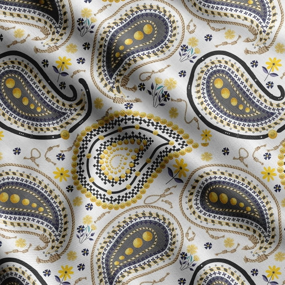 Soimoi Asian Paisley Printed, Japan Crepe SatinFabric, by The Yard 54 Inch Wide, Decorative Sewing Fabric for Dresses Kimonos Gowns, White & Gray