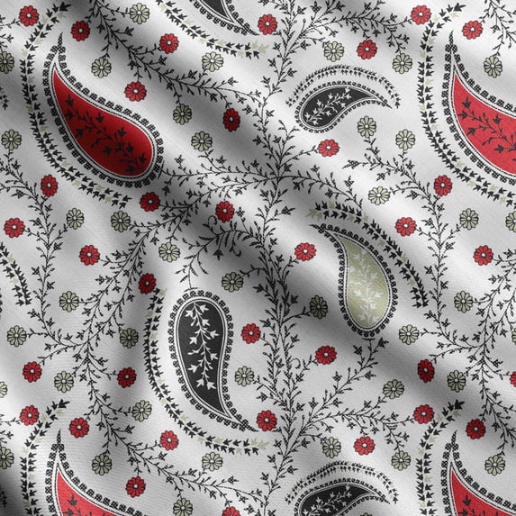 Soimoi Asian Paisley Printed, Japan Crepe SatinFabric, by The Yard 54 Inch Wide, Decorative Sewing Fabric for Dresses Kimonos Gowns, White
