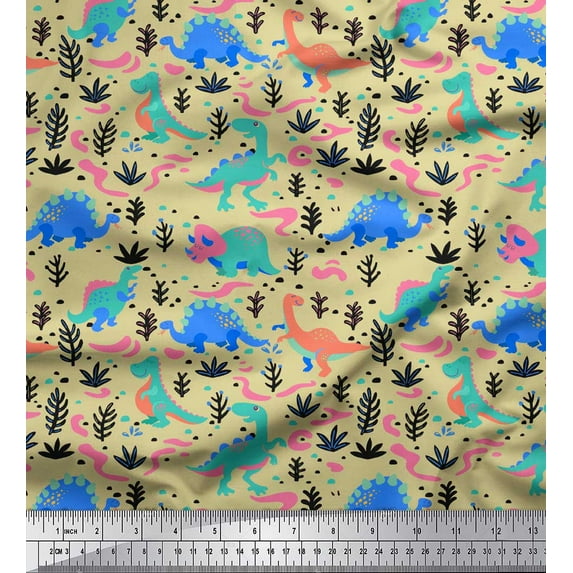Soimoi Beige Cotton Cambric Fabric Dinosaurs & Leaves Kids Print Fabric by the Yard 56 Inch Wide