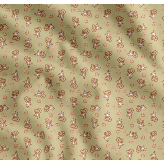 Soimoi Beige Cotton Cambric Fabric Heart & Cute Monkey Kids Print Fabric by the Yard 56 Inch Wide