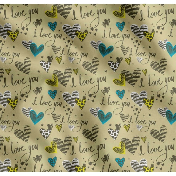 Soimoi Beige Cotton Cambric Fabric Heart & I Love You Text Print Sewing Fabric Yard 56 Inch Wide