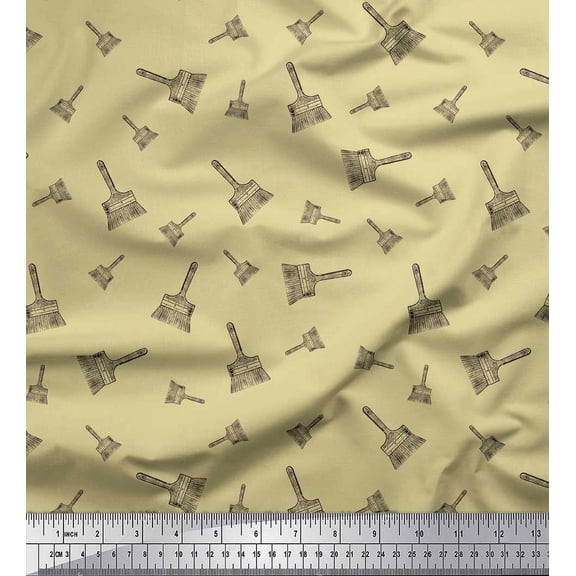 Soimoi Beige Cotton Cambric Fabric Paint Brush Hardware Decor Fabric Printed Yard 56 Inch Wide