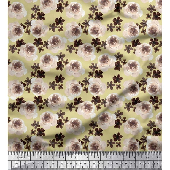 Soimoi Beige Cotton Cambric Fabric Rose Flower Watercolor Decor Fabric Printed 1 Yard 58 Inch Wide