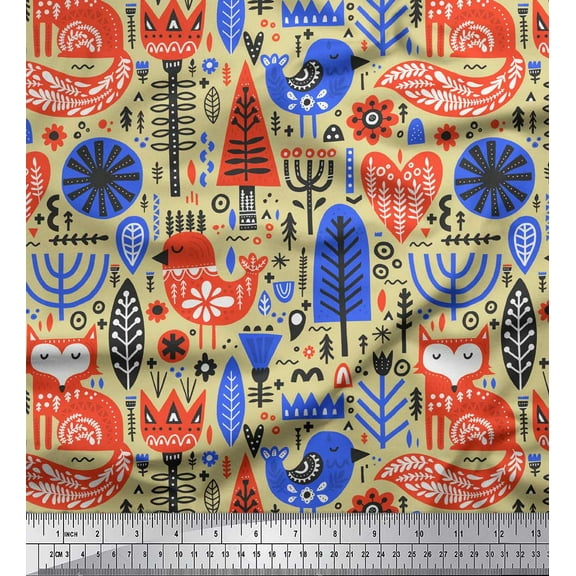 Soimoi Beige Cotton Cambric Fabric Tree & Fox Folk Art Decor Fabric Printed Yard 42 Inch Wide