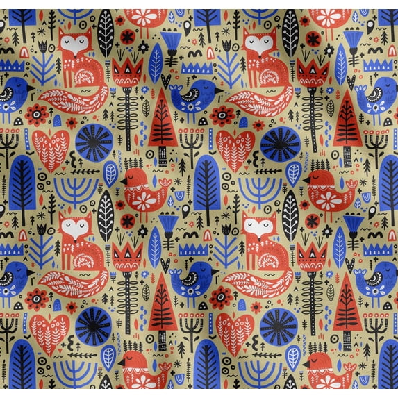 Soimoi Beige Cotton Cambric Fabric Tree & Fox Folk Art Decor Fabric Printed Yard 42 Inch Wide