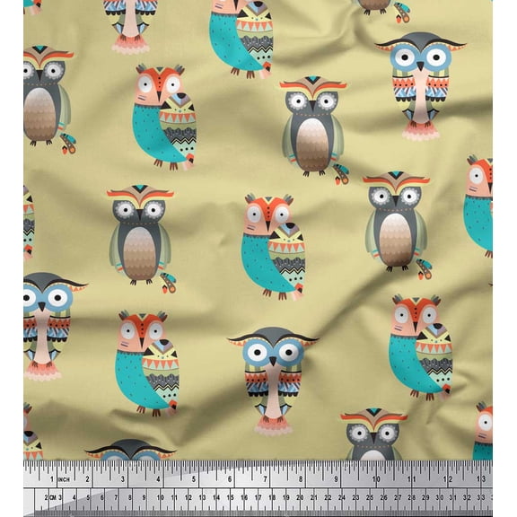 Soimoi Beige Cotton Duck Fabric Owl Tribal Print Sewing Fabric Yard 44 Inch Wide