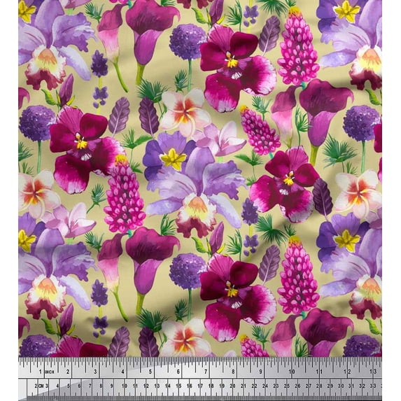 Soimoi Beige Cotton Duck Fabric Pink & Purple Floral Watercolor Decor Fabric Printed BTY 56 Inch Wide