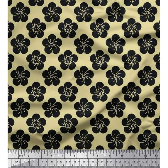 Soimoi Beige Cotton Jersey Fabric Black Sketch Floral Print Sewing Fabric Yard 58 Inch Wide