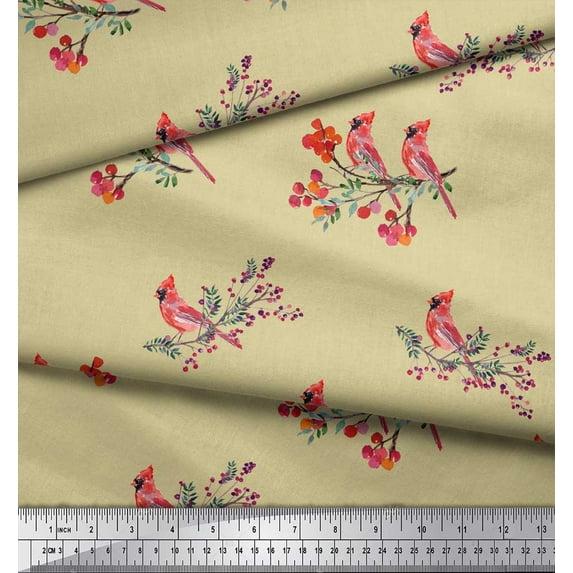 Soimoi Beige Cotton Poplin Fabric Red Berries & Bulbul Bird Printed Craft Fabric by the Yard 42 Inch Wide