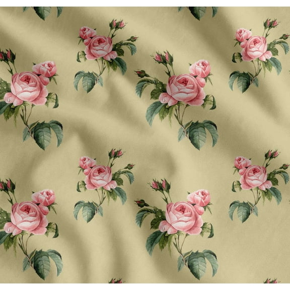 Soimoi Beige Cotton Voile Fabric Leaves & Rose Floral Fabric Prints By Yard 42 Inch Wide