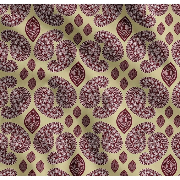 Soimoi Beige Cotton Voile Fabric Maroon Paisley Print Fabric by the Yard 42 Inch Wide